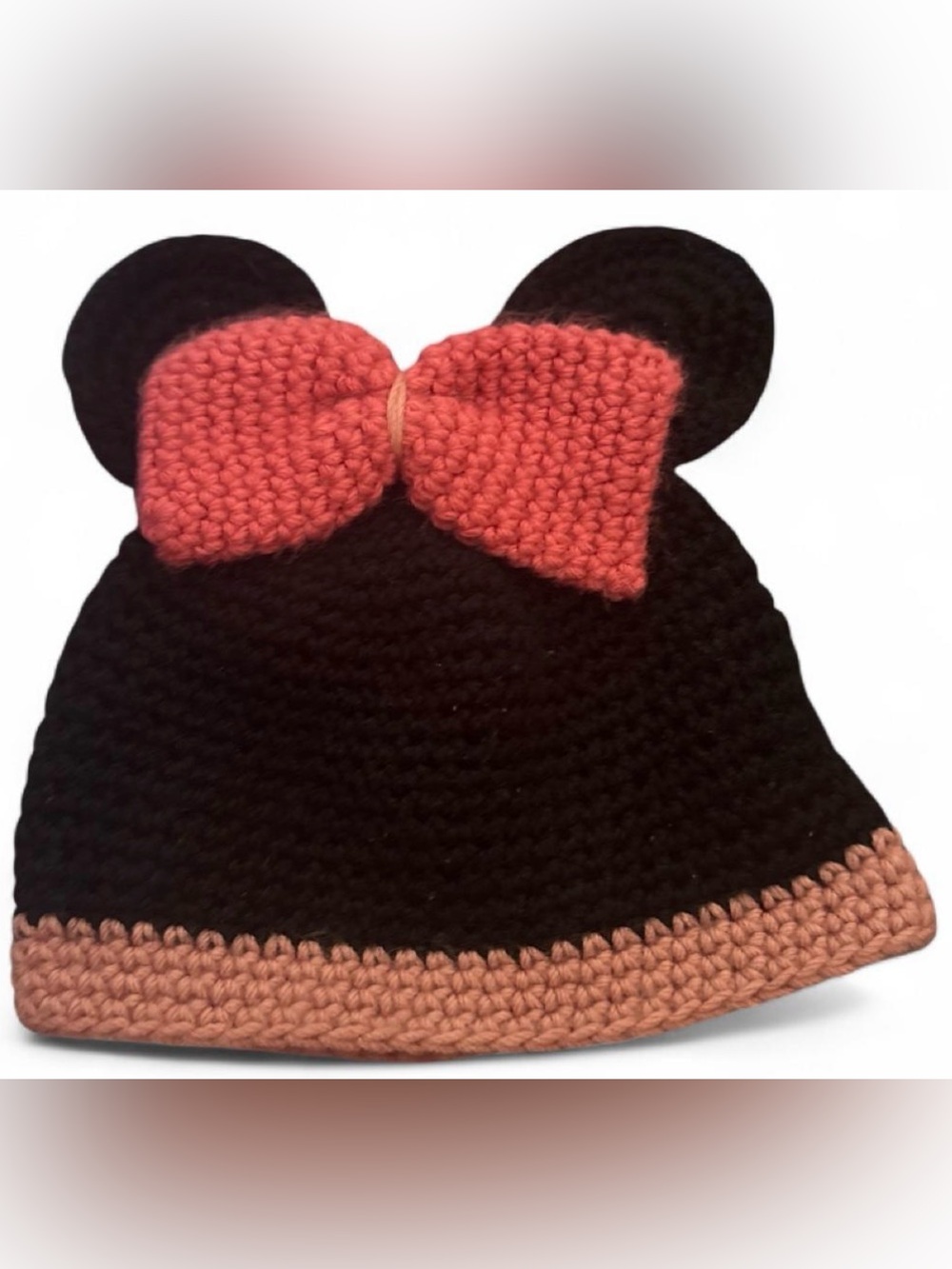 Kids Black Crochet Minnie  Mouse  Ear Hat with Pink Bow